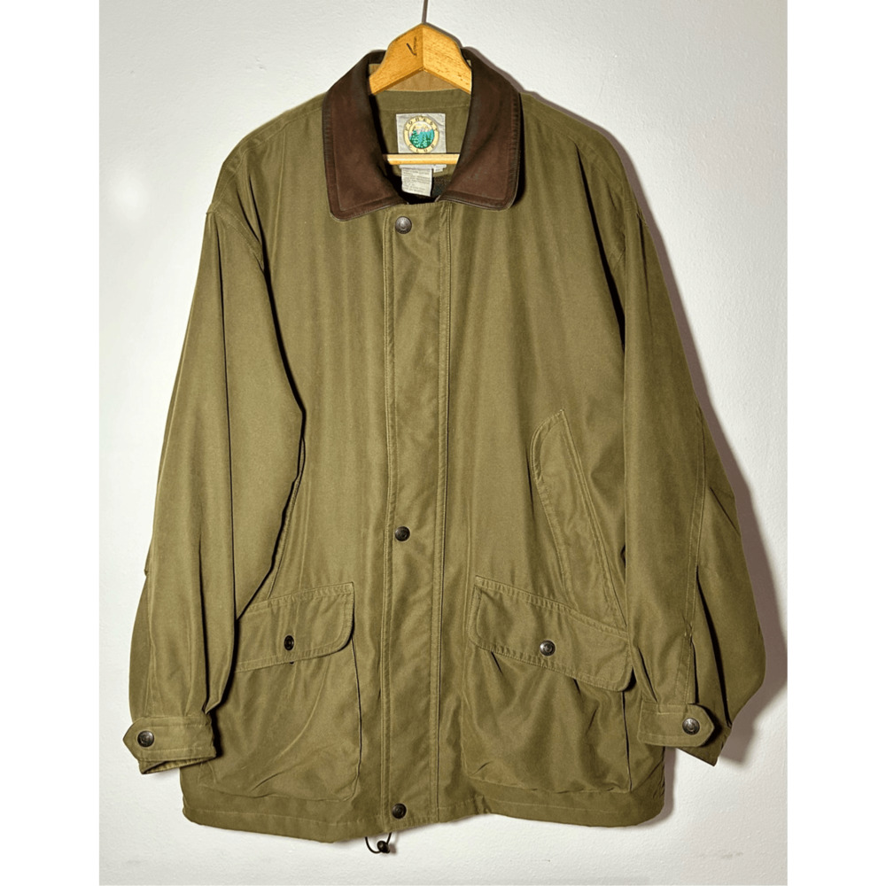 Vtg Rainforest Canvas Field Coat Leather Collar Forrest Club Flannel Lined XL